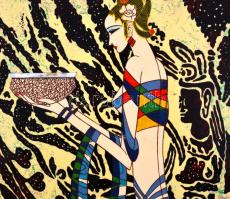 Lakkozott falikép, gyöngyház elemekkel, 29,5×29,5 cm