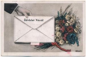 1949 Vác, virágcsokros üdvözlő leporellólap, belül: vasútállomás, fegyintézeti kórház, stb. s: Bernáth + portózott (gyűrődés / crease)