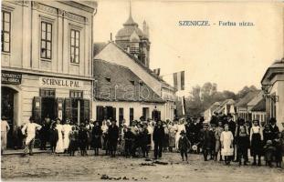 Szenice, Szenicz, Senitz, Senica nad Myjavou; Fortna (Fortnya) utca, Pénztáregylet, Schnell Pál üzlete, magyar zászlók / street, shops, Hungarian flags, bank (EK)