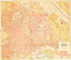 cca 1890-1900 Plan von Wien und Karte der Umgebung von Wien zu Woerls Reisehandbücher, Wien, kopott aranyozott vászon-kötésben, a hajtás mentén kis szakadásokkal, 51x59cm, 59x67 cm