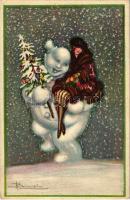 1923 Italian Christmas art postcard, lady with snowman. 501-2. s: Busi