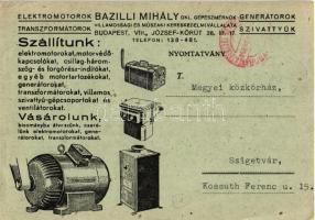 Bazilli Mihály Elektromotorok. Okl. gépészmérnök villamossági és műszaki kereskedelmi vállalata. Bud...
