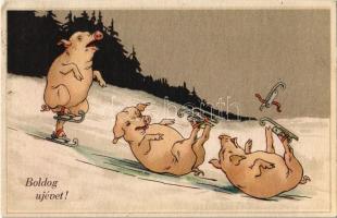 Boldog Újévet! / New Year greeting card with ice skating pigs, winter sport, sliding (EK)