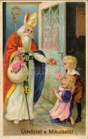 Üdvözlet a Mikulástól! / Christmas greeting card, Saint Nicholas with children, litho