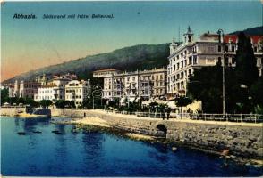 1917 Abbazia, Opatija; Südstrand mit Hotel Bellevue / beach, hotel + K.u.K. Zensurstelle Fiume