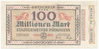 Németország / Weimar köztársaság / Pirmasens 1923. 100.000.000M T:III  Germany / Weimar Republic / Pirmasens 1923. 100.000.000 Mark C:F