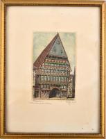 Olvashatatlan jelzéssel: Hildesheim Knochenhaueramtshaus. Színes rézkarc, papír, foltos, jelzett, üvegezett kereteben, 14×9 cm / Unknown. Hildesheim Knochenhaueramtshaus. Coloured etching on paper, spotty, signed, framed under glass,  14×9 cm