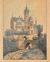 Olvashatatlan jelzéssel: Német vagy osztrák várkastély látképe. Tus, akvarell, papír, üvegezett kere...