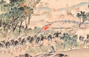 cca. XX. sz. eleje Japán hadsereg rohamra indul, csatajelenet, színezett fametszet, sérült, lapszéli...