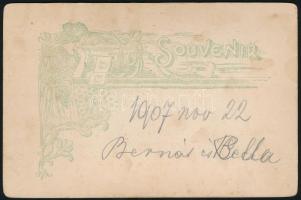 1907 "Bernát és Bella", hölgy kutyával, kartonra ragasztott fotó, 16,5×10,5 cm