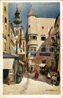 Gmunden, Pfarrgasse. B.K.W.I. Nr. 920-7. / street view, market, church (small corner shortage)