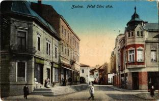 1916 Zsolna, Sillein, Zilina; Felső Sánc utca, bank, szálloda / street, bank, hotel (EK)
