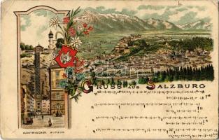 Salzburg, Elektrischer Aufzug / general view, castle, funicular railway, coat of arms. Art Nouveau, floral, litho (EK)
