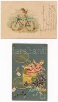 2 db RÉGI dombornyomott litho motívum képeslap: kerékpározó angyalok / 2 pre-1945 embossed and litho motive postcards: angels on bicycles