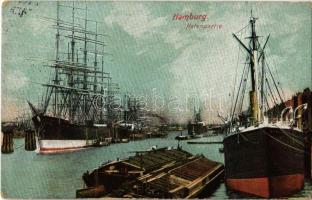1908 Hamburg, Hafenpartie / port, harbor, sailing vessels, steamships (EK)