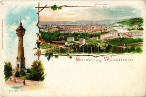 Würzburg, Franken-Warte, Panorama / lookout tower, general view. Kunstanstalt Aug. Finkenrath Söhne 65. Art Nouveau, floral, litho