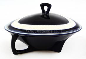 Kék-fehér, háromszög alakú retró porcelán tálka fedéllel, jelzés nélkül, apró kopásnyomokkal, m: 8 c...