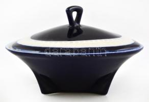 Kék-fehér, háromszög alakú retró porcelán tálka fedéllel, jelzés nélkül, apró kopásnyomokkal, m: 8 c...