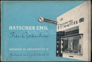 cca 1936 Hatschek Emil Foto-Optika-Kino árjegyzéke, prospektusa. Bp., Hungária-ny., 47+1+4p. Kiadói papírkötés, a borítón kis szakadással, gyűrődéssel.