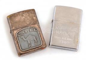 2 db öngyújtó: Zippo, német nyelvű felirattal és Camel, mindkettő Bradford, PA, made in USA jelzéssel, gáz nélkül, kopott, m: 5,5 cm