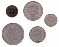 Svájc 1873. 5r billon + 1975. 1/2Fr Cu-Ni + 1969. 1Fr Cu-Ni + 1974. 2Fr Cu-Ni + 1970. 5Fr Cu-Ni T:2-...