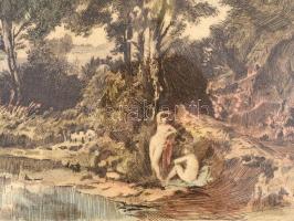 Hermann Lipót (1884-1972): Fürdőzők. Színezett rézkarc, karton, enyhén foltos, jelzett, üvegezett fa...