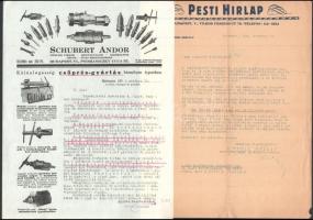 1931-1944 4 db díszes fejléces számla és levél (Schubert Andor műszaki cikkek, Pesti Hírlap, Stühmer Frigyes, Alfa Separator Részvénytársaság)