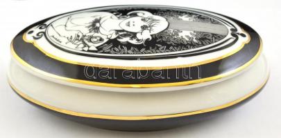 Hollóházi Jurcsák László által tervezett mintával díszített porcelán váza, matricás, jelzett, kis ko...