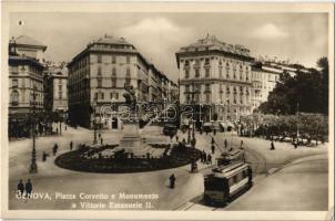 Genova, Genoa; Piazza Corvetto e Monumento a Vittorio Emanuele II / square, street view, trams, shops (pinholes)
