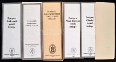 cca 1983-90 össz 6 db térkép, budapesti temetőkről: 5 db Budapesti Városvédő Egyesület kiadása, a különböző temetőkben (Rákoskeresztúri, Farkasréti két különböző kiadásban, Mező Imre úti, azaz a mai Fiumei úti, Óbudai) nyugvó nevezetes személyek listájával. 1 db Új köztemető, kiadó nélkül