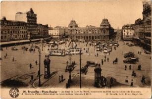 Bruxelles, Brussels; Place Rogier, Au fond la Gare du Nord, Palace Hotel / railway station, trams, automobiles, hotel, shops