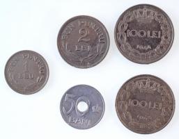 Románia 1921. 50b Al + 1924. 1L Cu-Ni + 1924. 2L Cu-Ni + 1943-1944. 100L Fe "I. Mihály" (2...