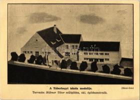 1943 Budapest III. Táborhegyi iskola modellje. Tervezte Hübner Tipor műépítész, okleveles építészmérnök. Bánó foto. Hátoldalon az Újlaki Hegyvidéki Egyesület tábor, testvér és csúcshegyi csoportja meghívása Bokréta ünnepélyre (EK)