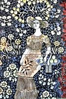 Vén Edit (1937-): Kosaras lány. Zománcfesték, kerámia, hátoldalán jelzett, keretben, 45×15 cm