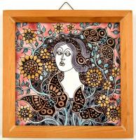 Vén Edit (1937-): Kosaras lány. Zománcfesték, kerámia, jelzett a hátoldalán is, keretben, 15×15 cm