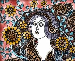 Vén Edit (1937-): Kosaras lány. Zománcfesték, kerámia,  jelzett a hátoldalán is, keretben, 15×15 cm