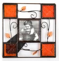 Vegyes bolha tétel, ólomüveges pillangó figura 5x6,5 cm, 	
levélmintás, üvegezett képkeret, belső m...