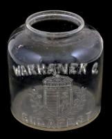 cca 1900 Antik, magyar címeres halas / szardíniás üveg Warhanek C. Budapest m:17 cm. Száján kis csorbákkal