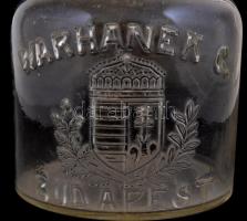 cca 1900 Antik, magyar címeres halas / szardíniás üveg Warhanek C. Budapest m:17 cm. Száján kis csor...
