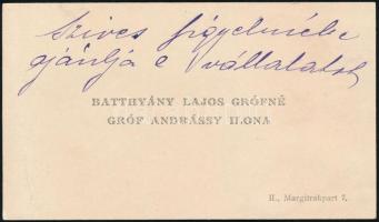 cca 1900 Batthyány Lajosné sz. gróf Andrássy Ilona (1858-1952) névejegykártyája