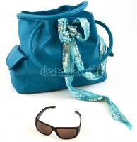 Kék színű műbőr táska flitteres masnival 25,5x35 cm és napszemüveggel