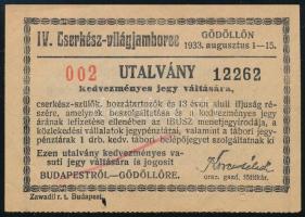 1933 Gödöllő, IV. Cserkész-világjamboree utalvány kedvezményes jegy váltására