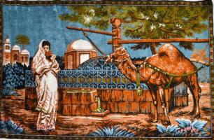 Hölgy tevével, tunéziai szőtt falikép, jó állapotban, 69,5×97,5 cm
