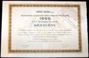 1912. "Bodrogközi Gazdasági Vasut Részvénytársaság" részvénye 1000K-ról, szelvényekkel, "A m.kir. kereskedelmügyi miniszter... 1000, azaz Egyezer pengő" bélyegzővel!