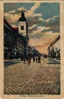 1920 Nagyszombat, Tyrnau, Trnava; Stefanikova ulica / Stefánik utca, templom, üzletek. G. Jilovsky kiadása / street view, church, shops (kissé ázott sarok / slightly wet corner)