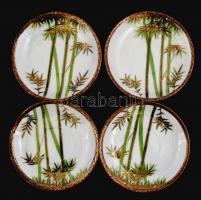 Kínai bambusz mintás porcelán csésze és alj, 4 db, kézzel festett, jelzett, kis kopássokkal, lepatta...
