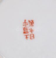 Kínai bambusz mintás porcelán csésze és alj, 4 db, kézzel festett, jelzett, kis kopássokkal, lepatta...