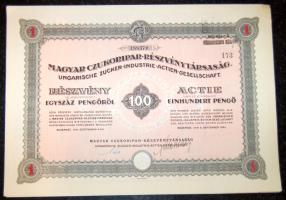 1941. "Magyar Czukoripar-Részvénytársaság" részvénye 100P-ről, magyar és német nyelven, szelvényekkel