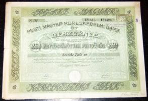 1928. "Pesti Magyar Kereskedelmi Bank" részvénye 250P-ről, szelvényekkel