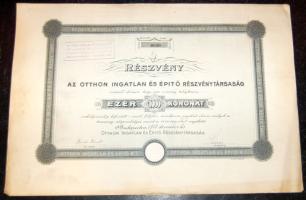 1917. "Otthon Ingatlan és Építő Részvénytársaság" részvénye 1000K-ról, "..240 aranypengő.." fny-sal, szelvényekkel